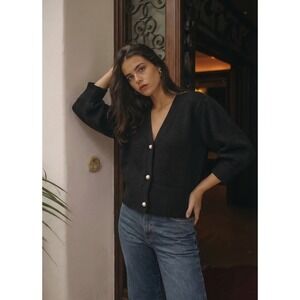 Adam Lippes Sweater Womens XXL Black Wool‎ Blend Button Front Knit Cardigan